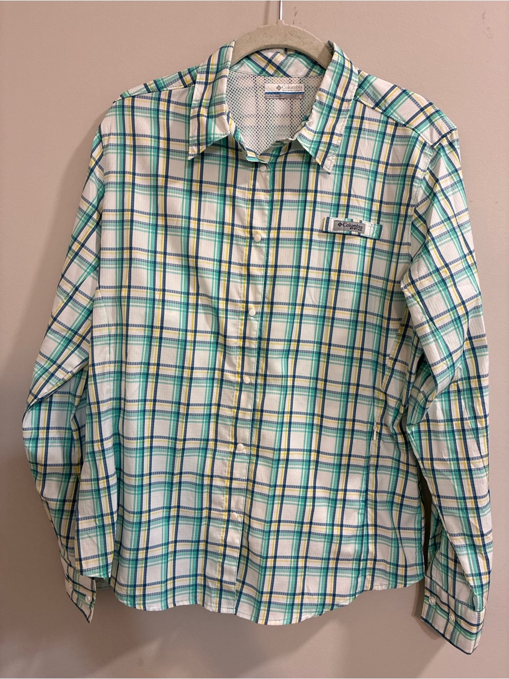 Columbia PFG Women's Plaid Button-Down Shirt - White, Green, Blue, Yellow Large
